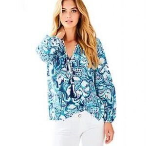 Lilly Pulitzer Elsa Keep on Trunkin Silk Top, S, Blue White Elephant Print